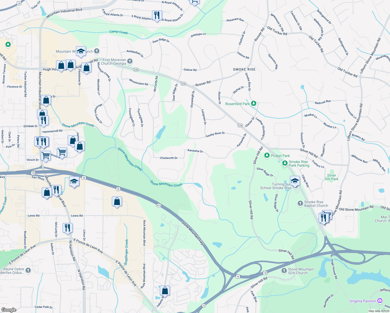 map of restaurants, bars, coffee shops, grocery stores, and more near 1860 Mountain Shadow in Stone Mountain