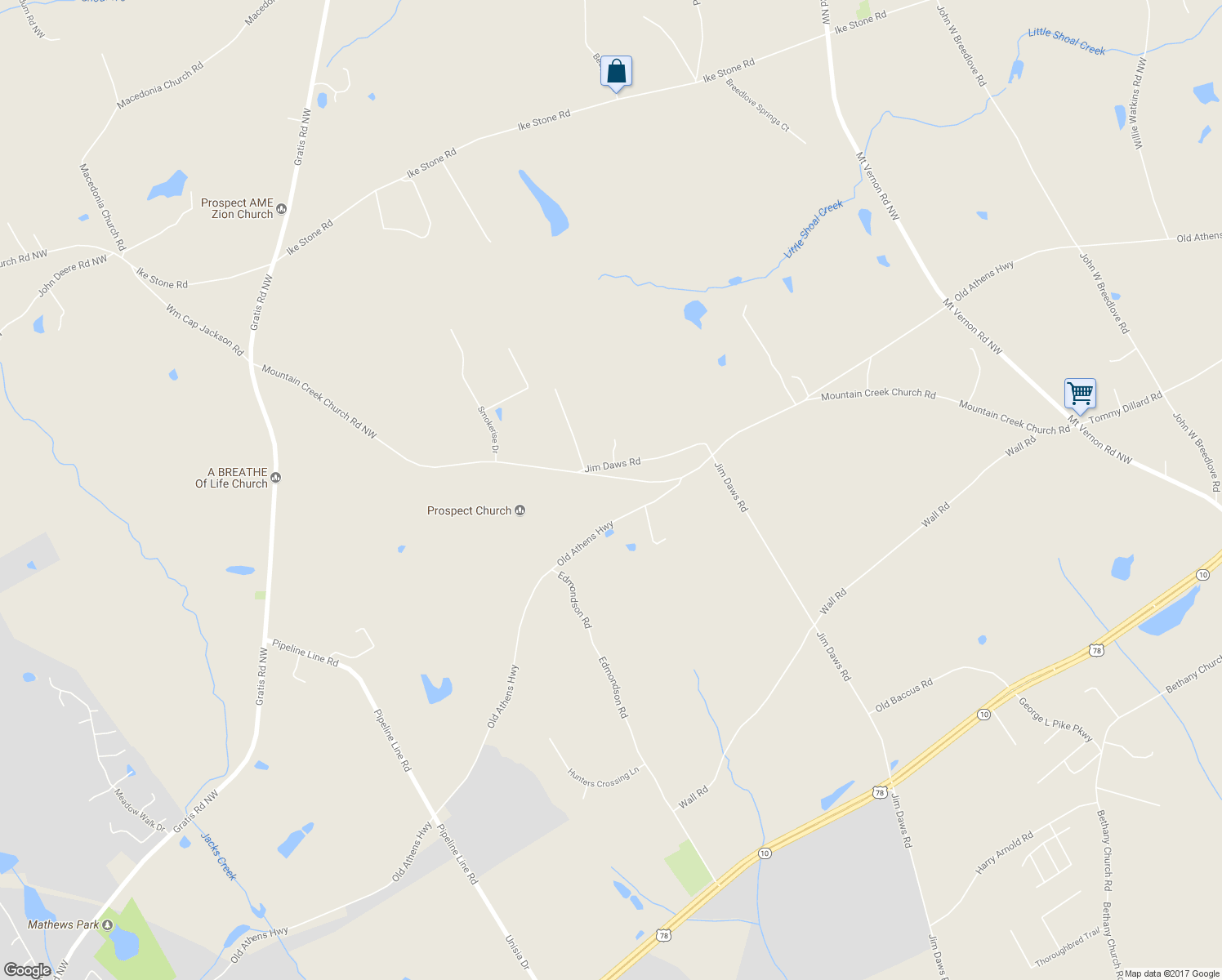 map of restaurants, bars, coffee shops, grocery stores, and more near 1810 Old Athens Highway in Monroe