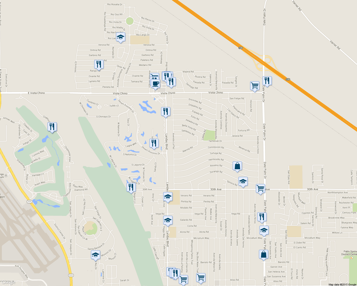 map of restaurants, bars, coffee shops, grocery stores, and more near 68135 Tachevah Drive in Cathedral City