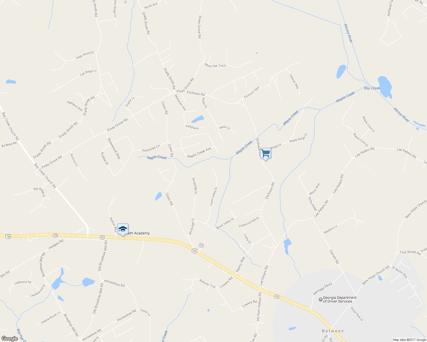 map of restaurants, bars, coffee shops, grocery stores, and more near 5010 Fawn Valley Drive in Loganville