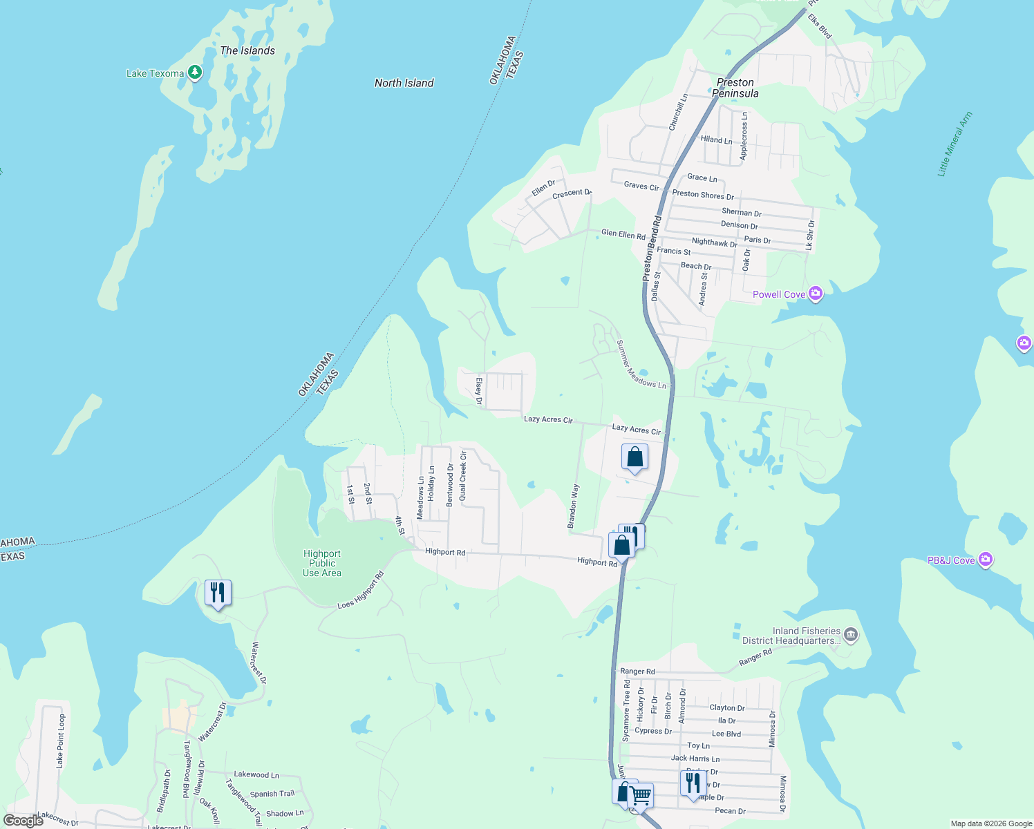 map of restaurants, bars, coffee shops, grocery stores, and more near 560 Lazy Acres Circle in Pottsboro