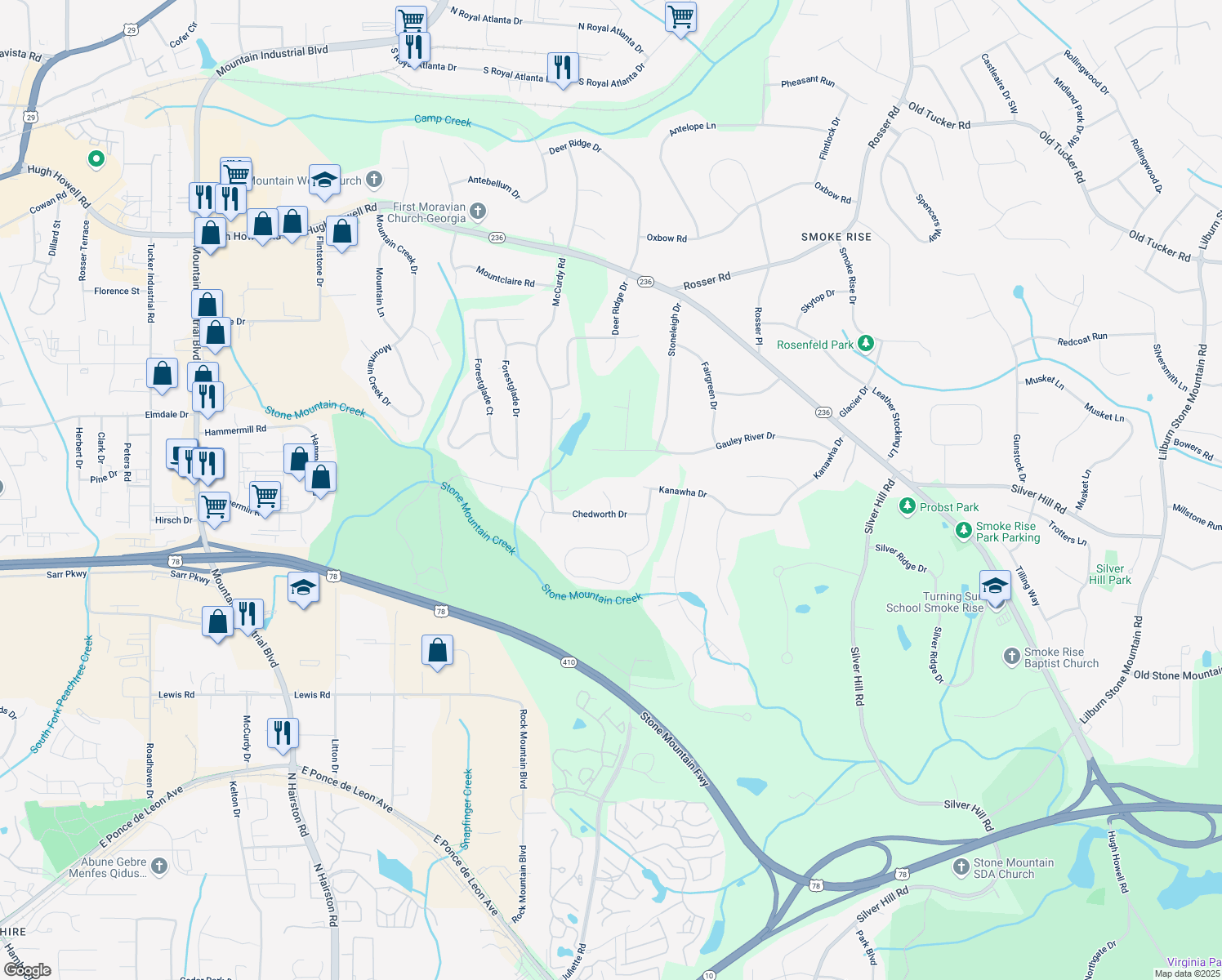map of restaurants, bars, coffee shops, grocery stores, and more near 1887 Chedworth Court in Stone Mountain