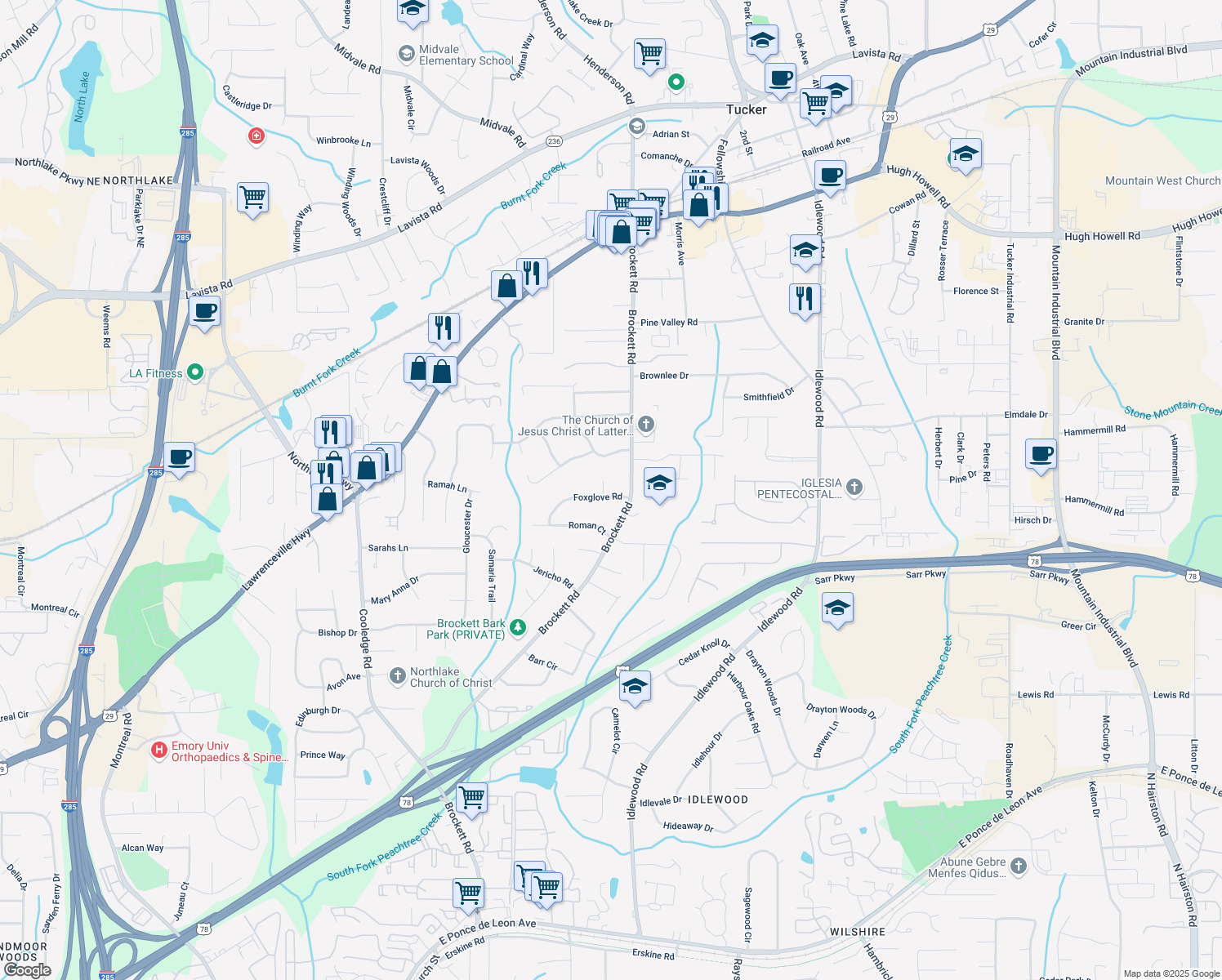 map of restaurants, bars, coffee shops, grocery stores, and more near 4014 Foxglove Road in Tucker