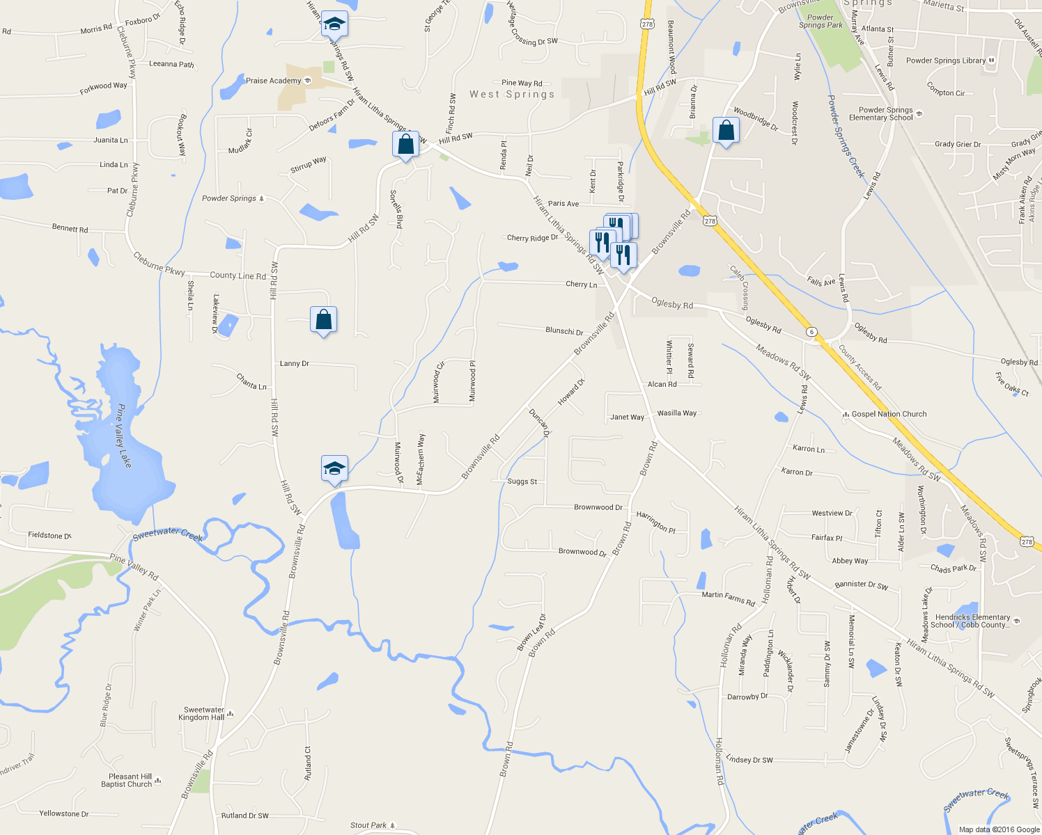 map of restaurants, bars, coffee shops, grocery stores, and more near 4781 Brownsville Road in Powder Springs