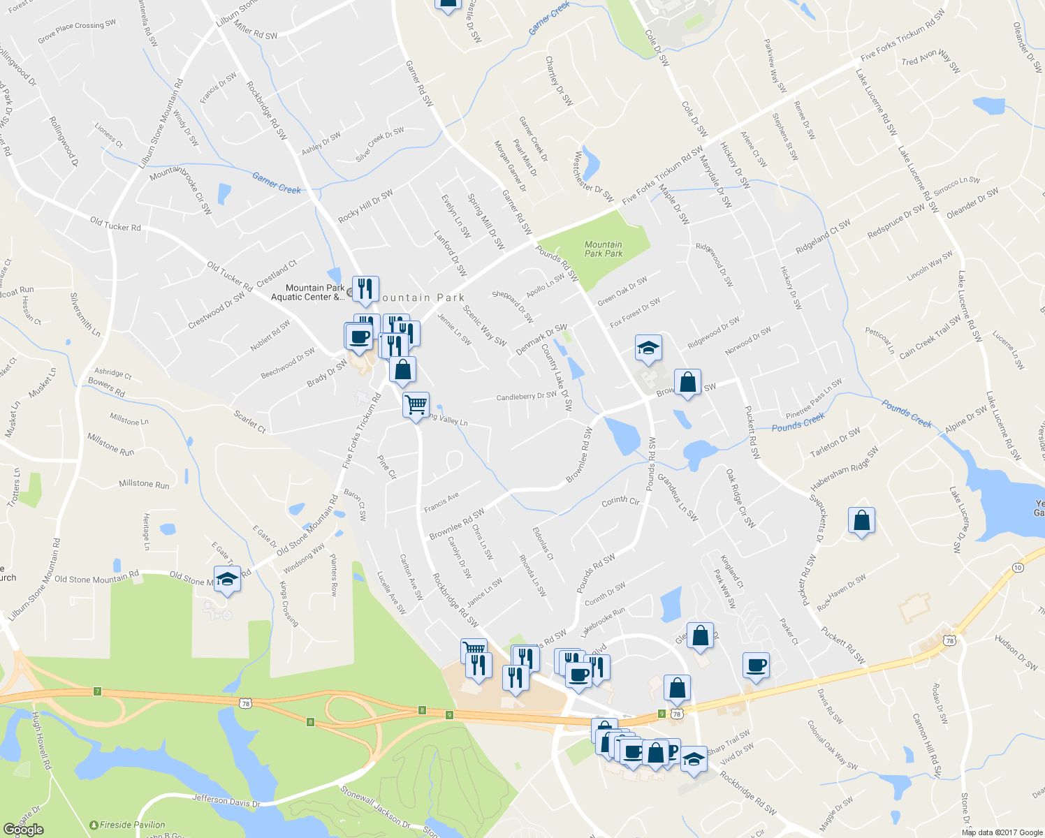 map of restaurants, bars, coffee shops, grocery stores, and more near 1489 Bellflower Court Southwest in Lilburn