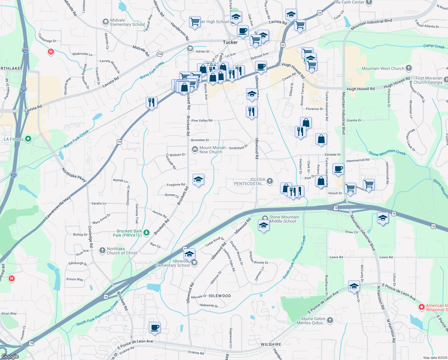 map of restaurants, bars, coffee shops, grocery stores, and more near 4135 Browning Chase Drive in Tucker