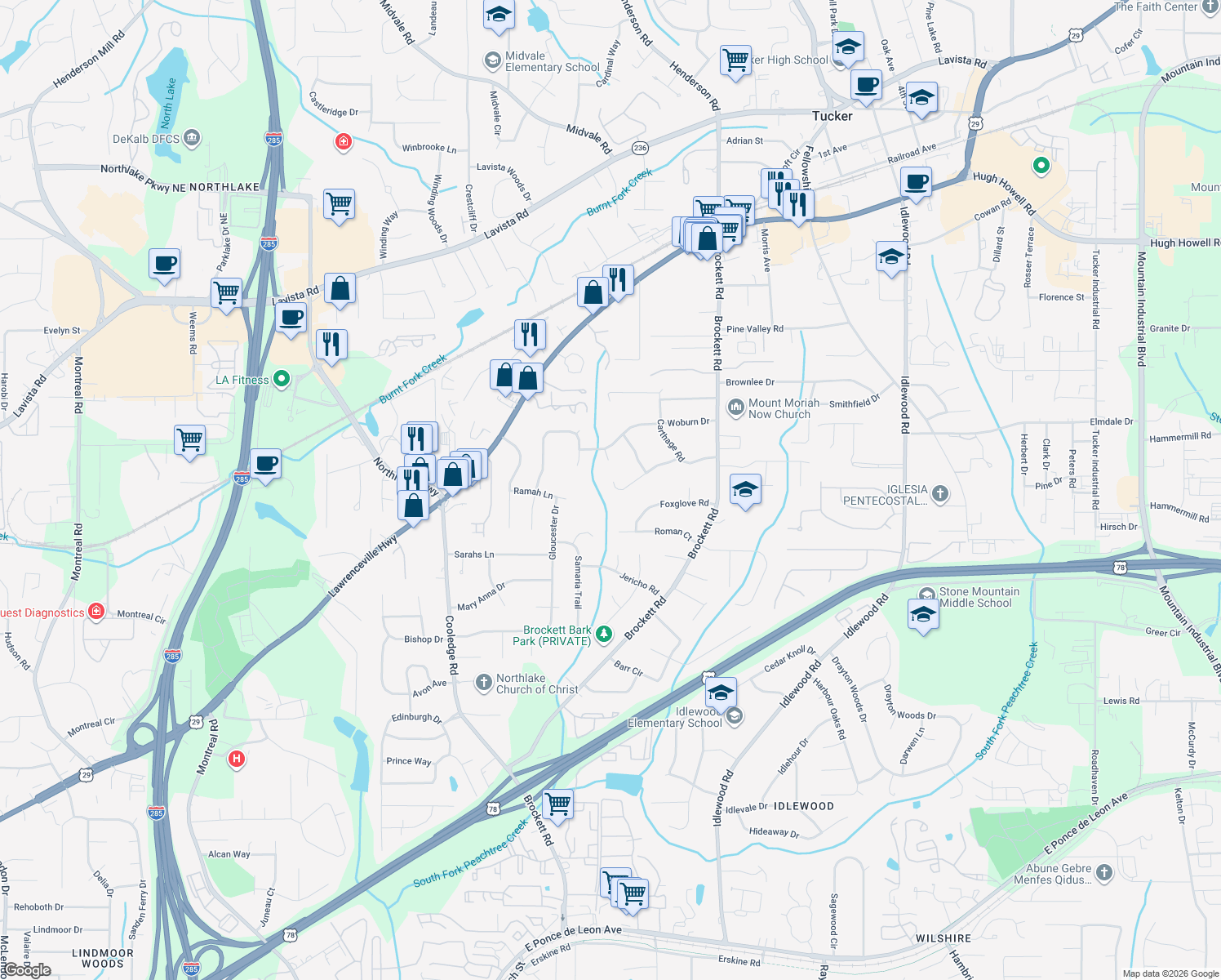 map of restaurants, bars, coffee shops, grocery stores, and more near 3911 Oberlin Court in Tucker