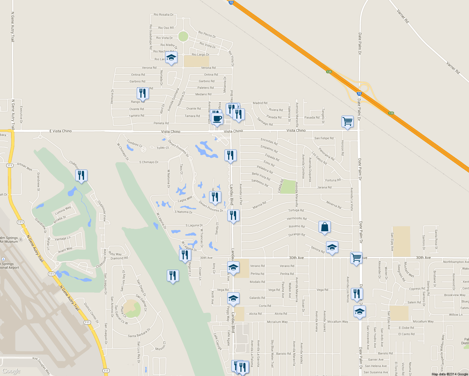 map of restaurants, bars, coffee shops, grocery stores, and more near 28850 Landau Boulevard in Cathedral City