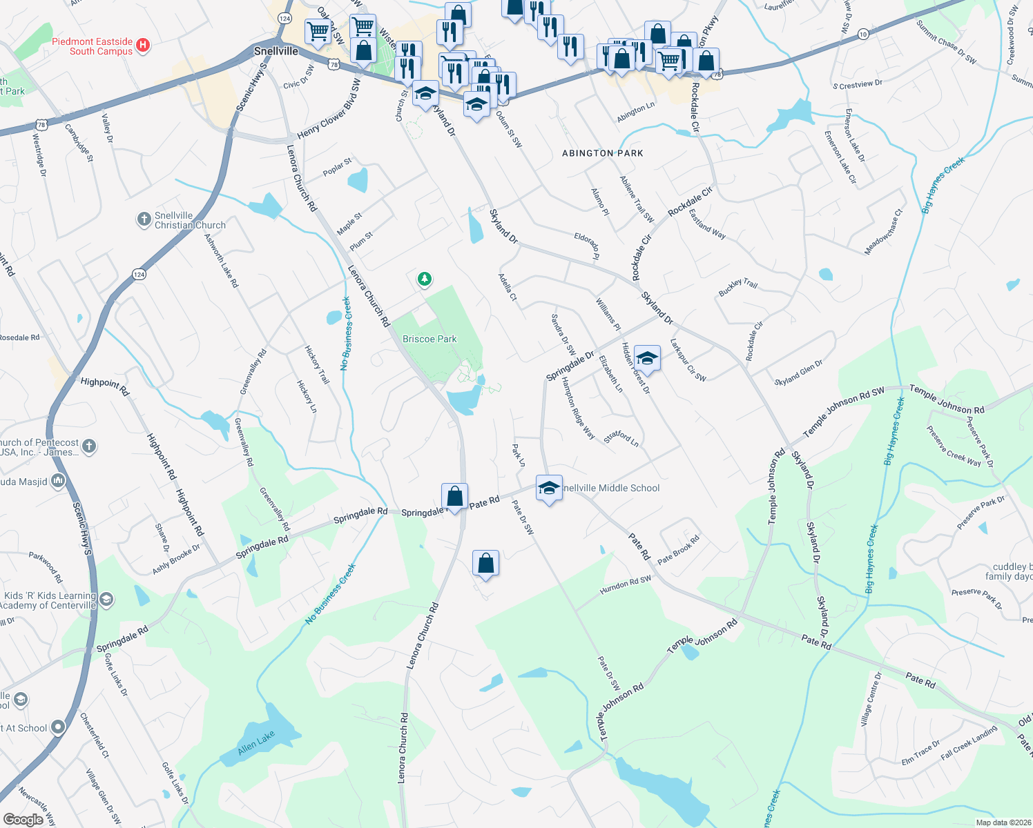 map of restaurants, bars, coffee shops, grocery stores, and more near 2996 Park Ln in Snellville