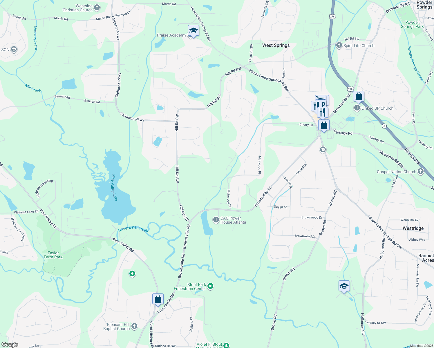 map of restaurants, bars, coffee shops, grocery stores, and more near 5641 Lanny Drive in Powder Springs