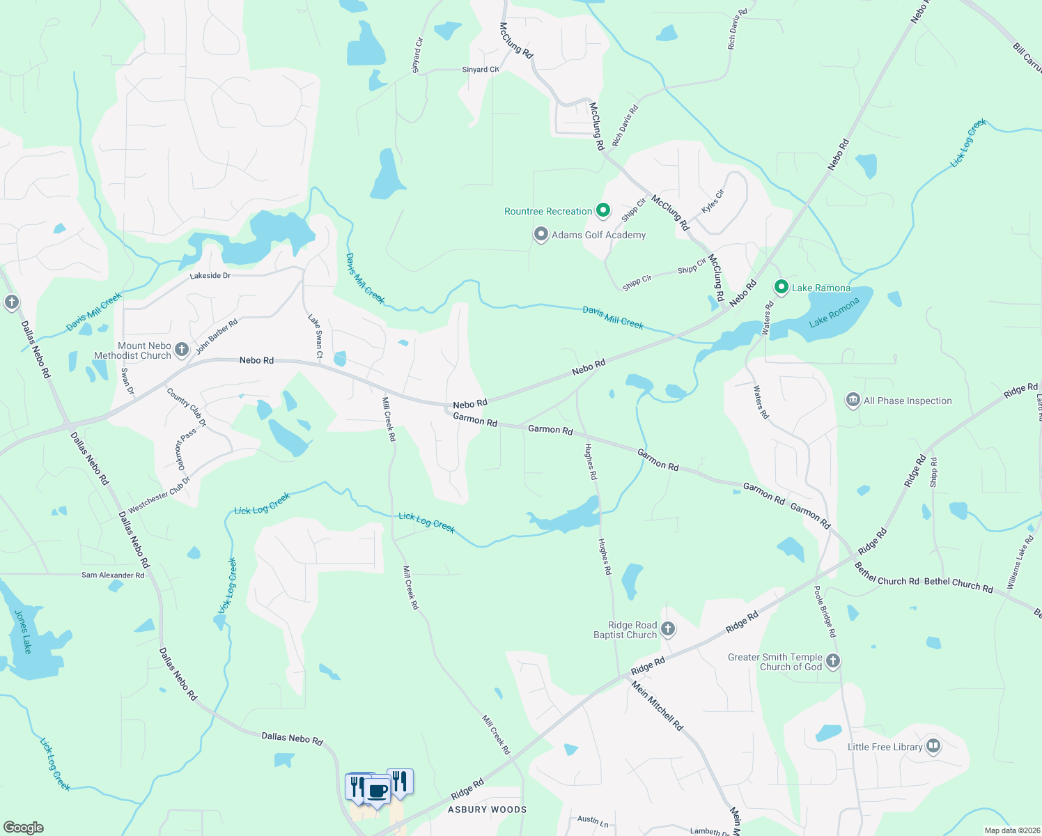 map of restaurants, bars, coffee shops, grocery stores, and more near 350 Wall Road in Hiram