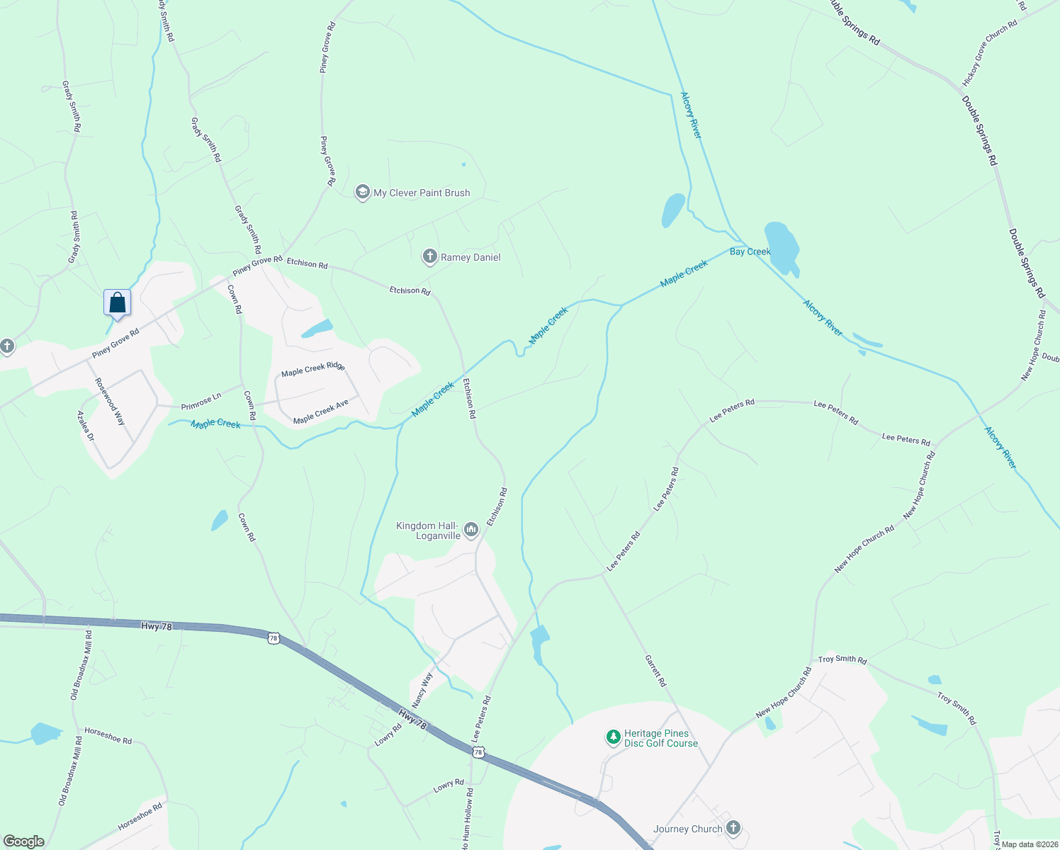 map of restaurants, bars, coffee shops, grocery stores, and more near 1630 Maple Ridge Drive in Loganville
