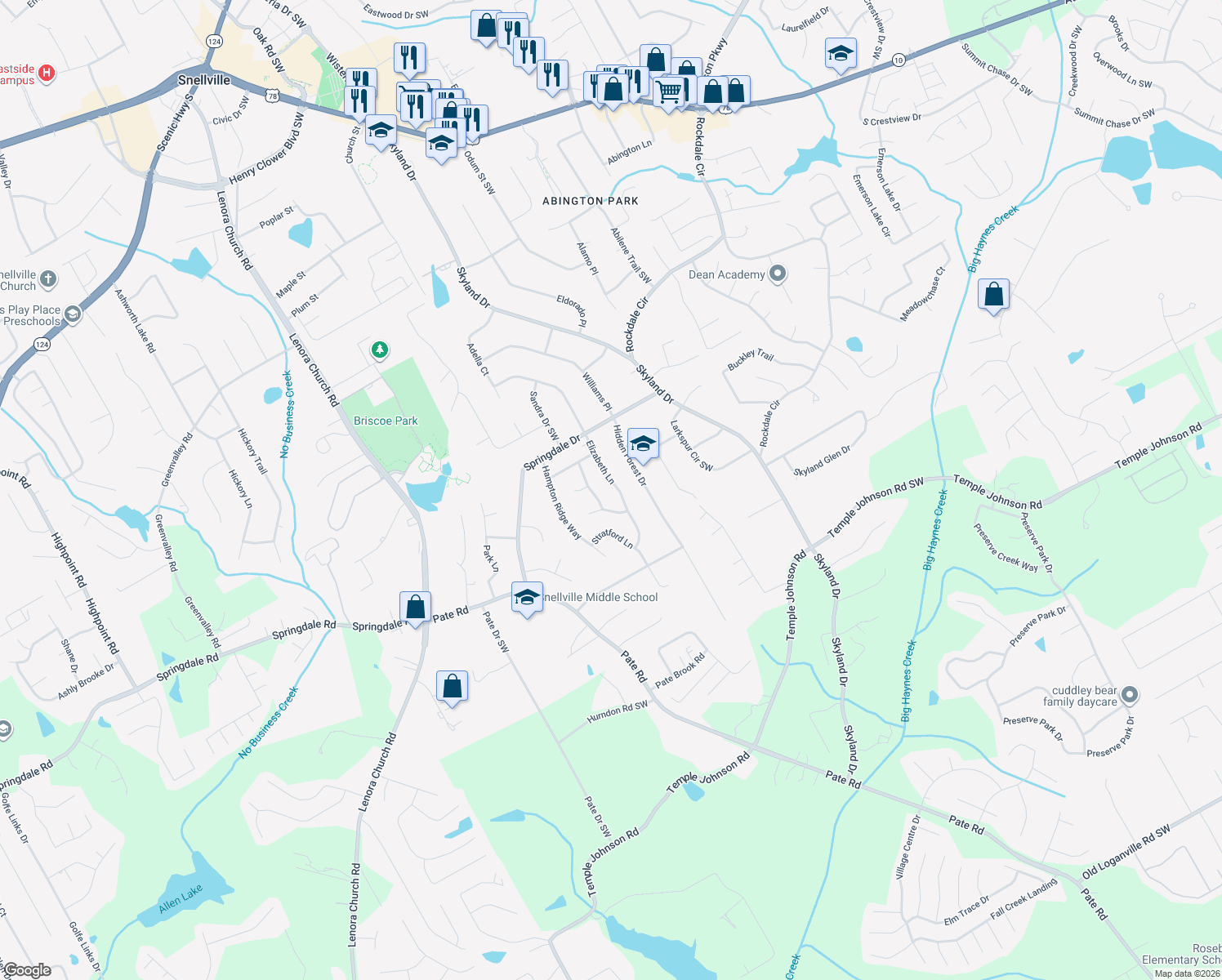 map of restaurants, bars, coffee shops, grocery stores, and more near 3095 Elizabeth Ln in Snellville