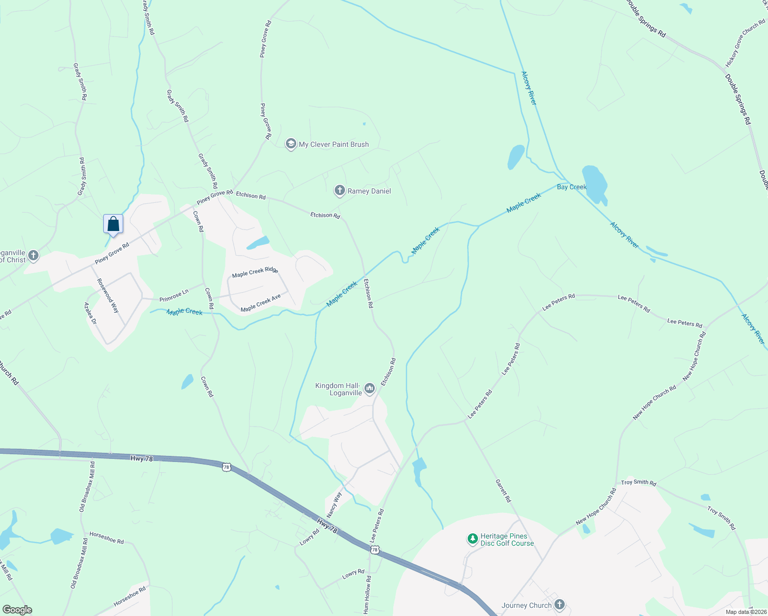 map of restaurants, bars, coffee shops, grocery stores, and more near 1660 Maple Ridge Drive in Loganville