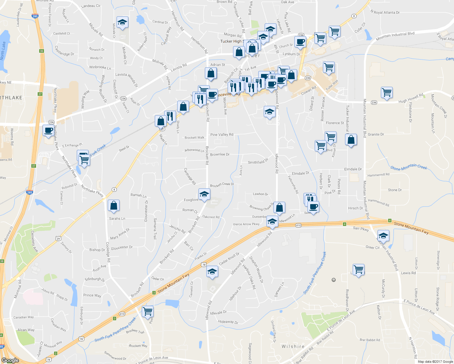 map of restaurants, bars, coffee shops, grocery stores, and more near 4094 Brockett Creek Drive in Tucker