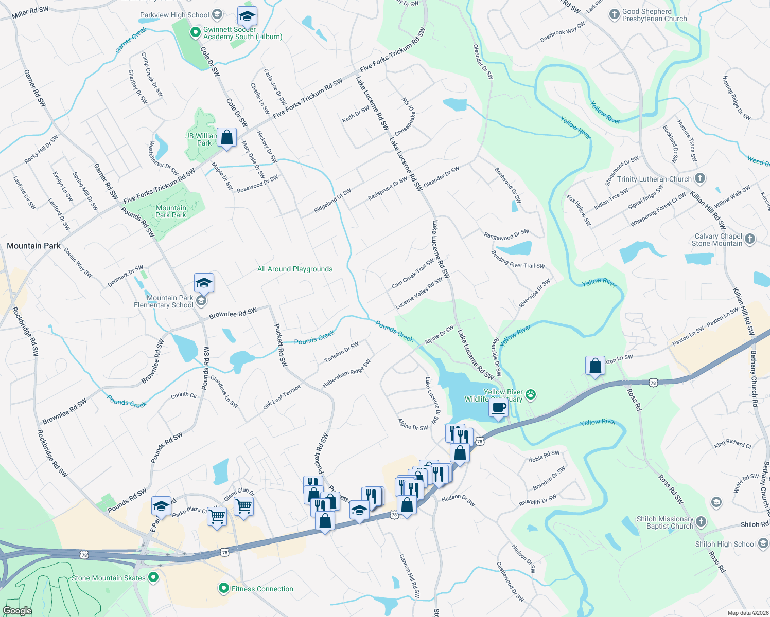 map of restaurants, bars, coffee shops, grocery stores, and more near 4681 Lucerne Valley Road Southwest in Lilburn