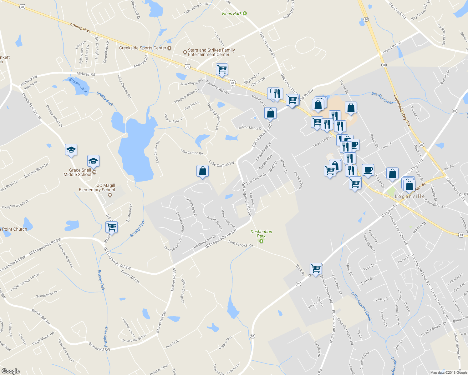 map of restaurants, bars, coffee shops, grocery stores, and more near 912 Lakeside Court in Loganville
