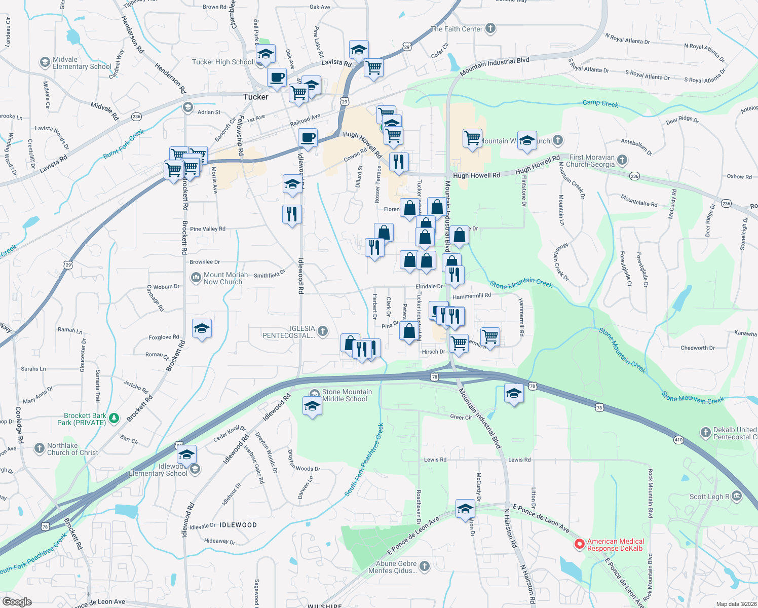 map of restaurants, bars, coffee shops, grocery stores, and more near 1945 Herbert Drive in Tucker