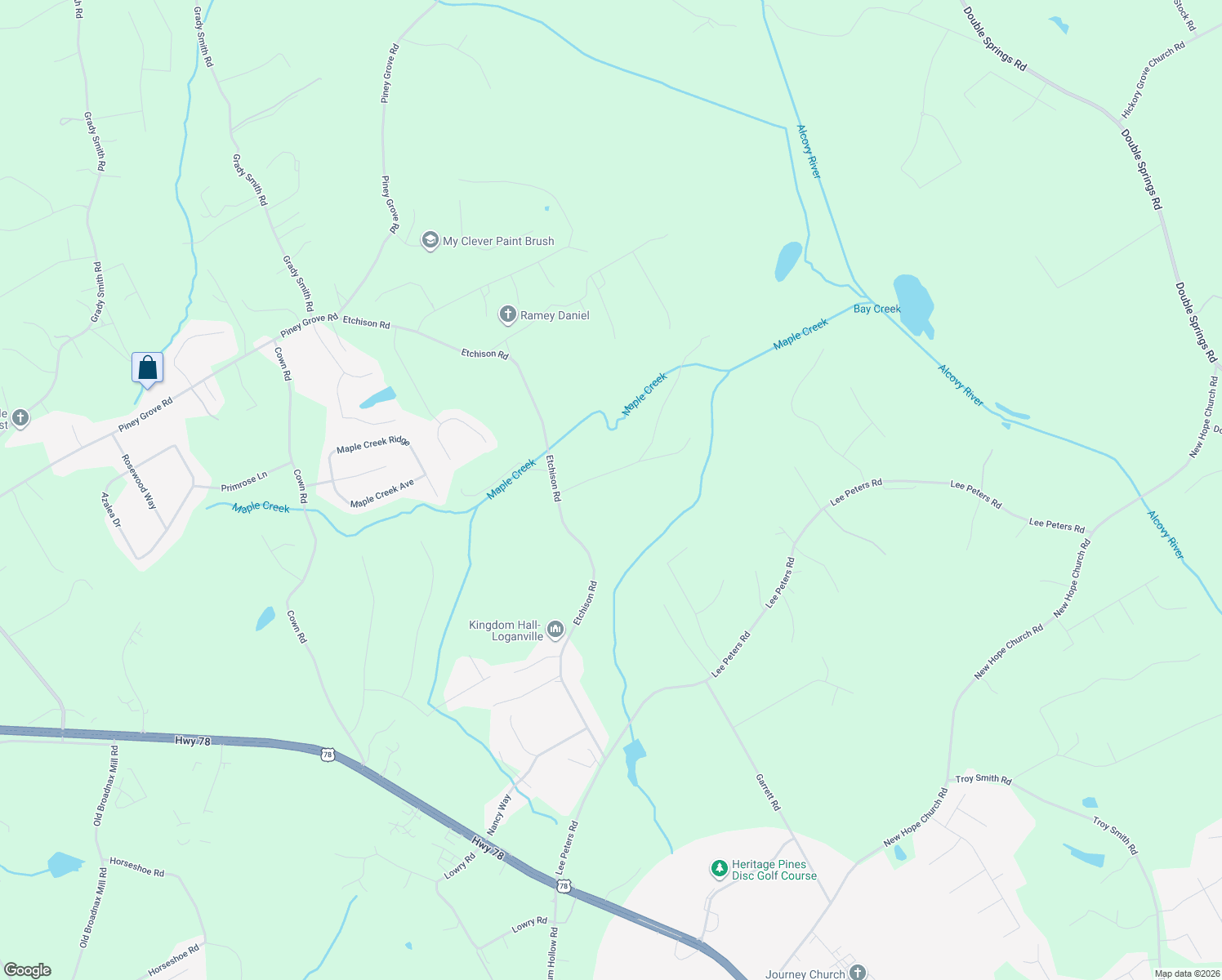 map of restaurants, bars, coffee shops, grocery stores, and more near 1630 Maple Ridge Drive in Loganville