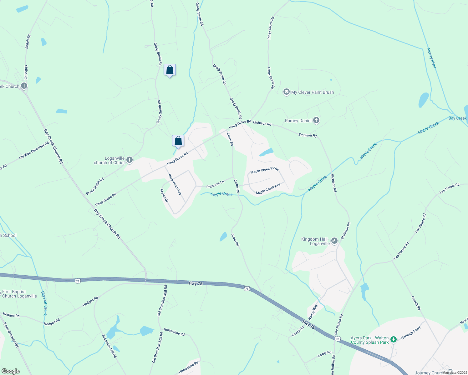 map of restaurants, bars, coffee shops, grocery stores, and more near 3110 Cown Road in Loganville