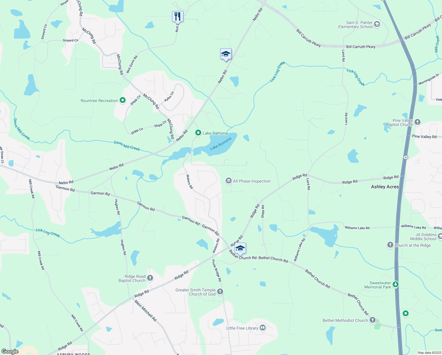 map of restaurants, bars, coffee shops, grocery stores, and more near 188 Thornbrooke Drive in Hiram