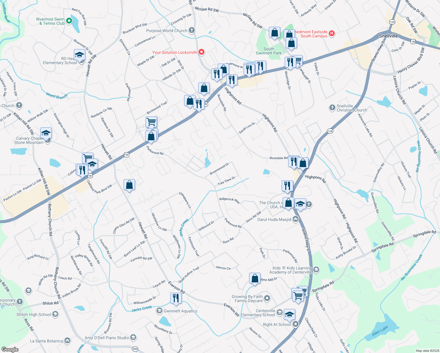 map of restaurants, bars, coffee shops, grocery stores, and more near 2422 Idlewood Way in Snellville