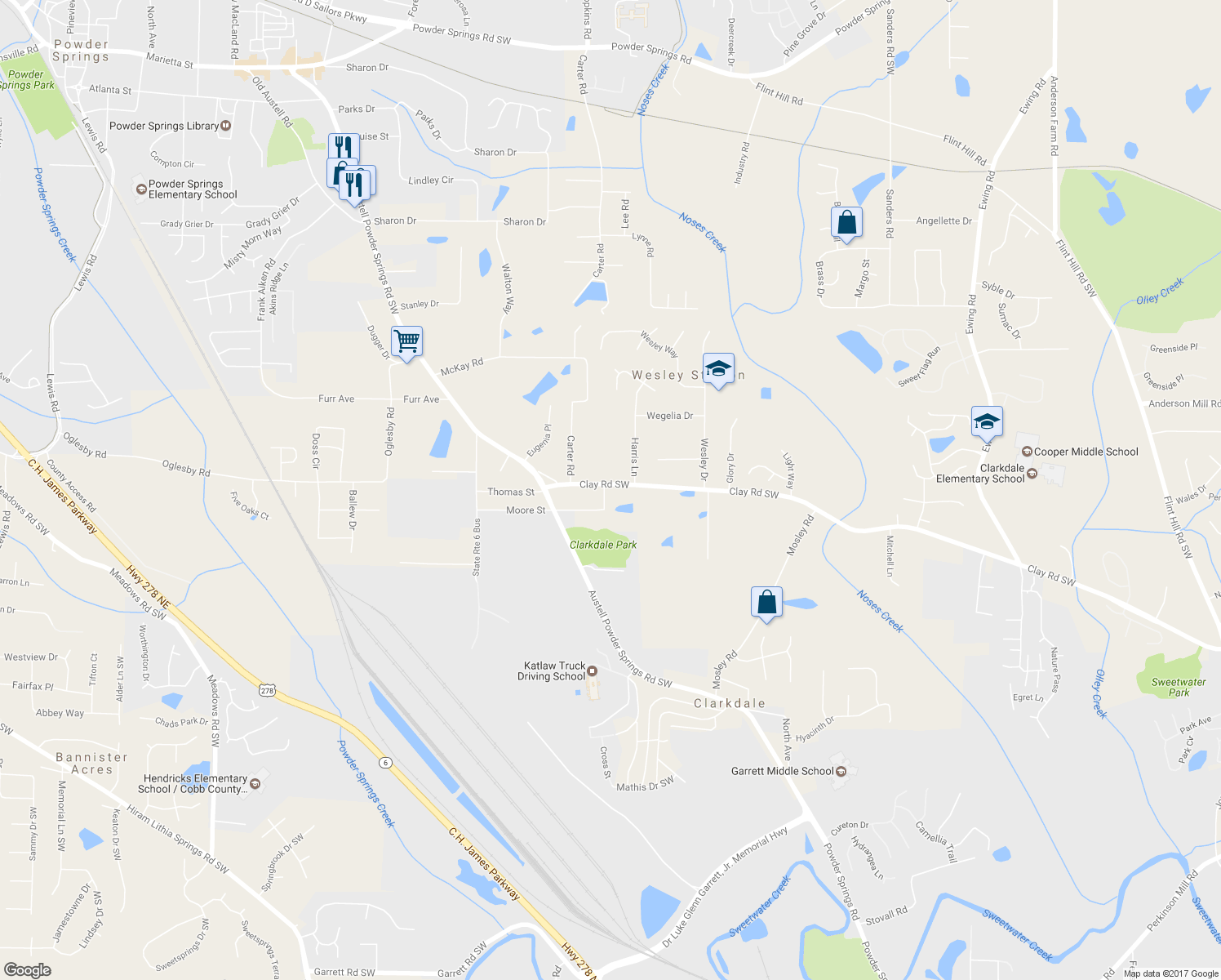 map of restaurants, bars, coffee shops, grocery stores, and more near 4671 Clay Road Southwest in Austell