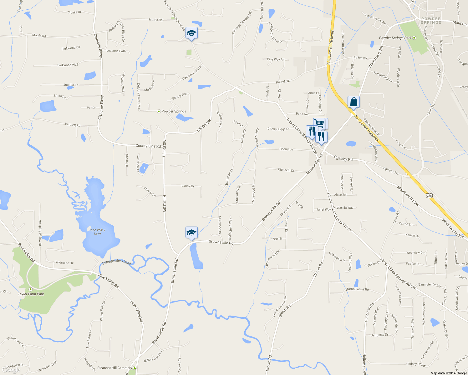 map of restaurants, bars, coffee shops, grocery stores, and more near 4589 Muirwood Circle in Powder Springs