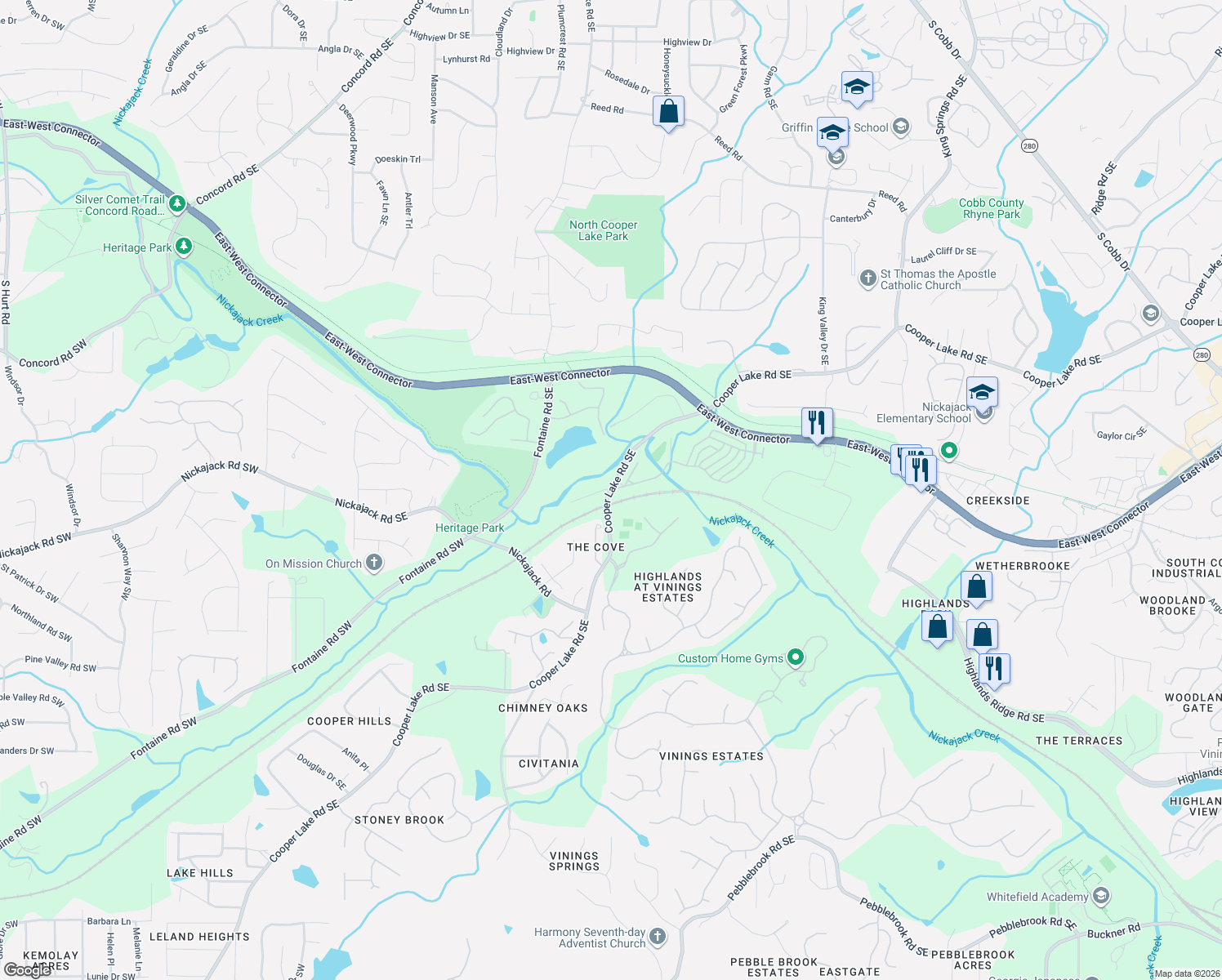 map of restaurants, bars, coffee shops, grocery stores, and more near 680 Cooper Lake Road Southeast in Smyrna
