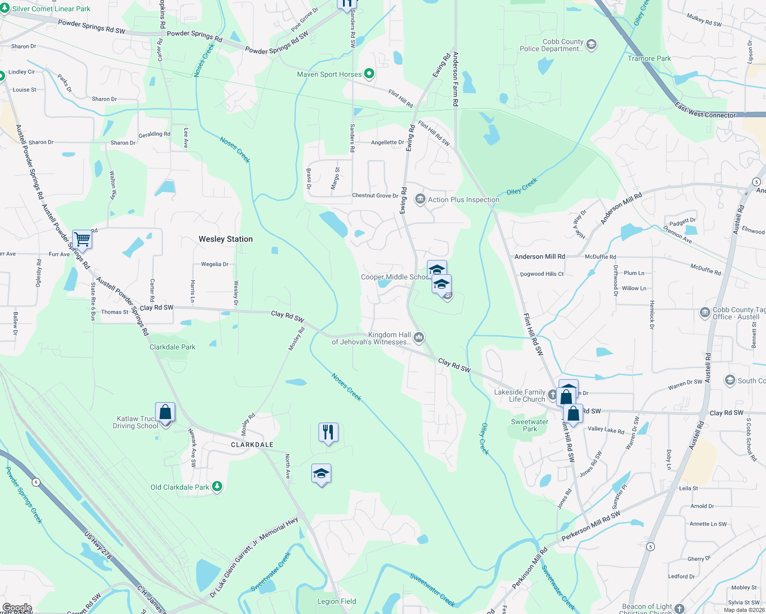 map of restaurants, bars, coffee shops, grocery stores, and more near 4588 Rugosa Way in Austell
