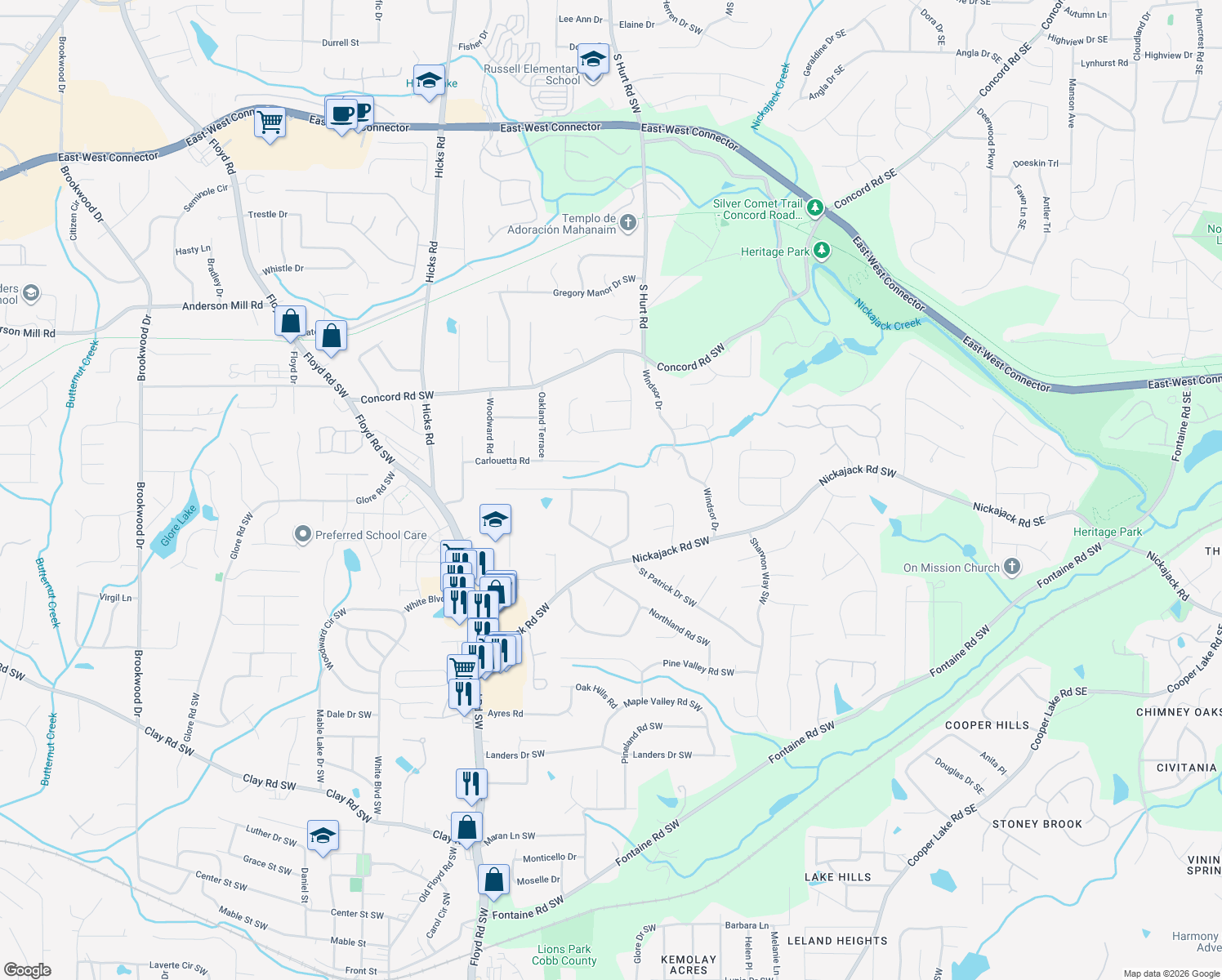 map of restaurants, bars, coffee shops, grocery stores, and more near 558 Benson Hurst Drive in Mableton
