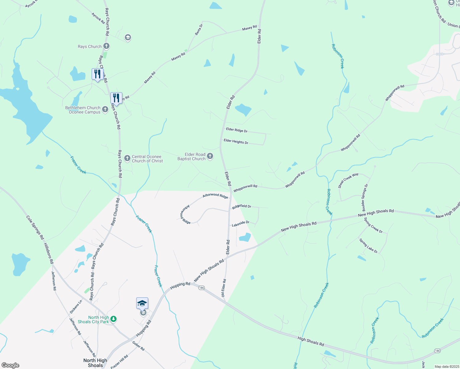 map of restaurants, bars, coffee shops, grocery stores, and more near 2075 Elder Road in Bishop