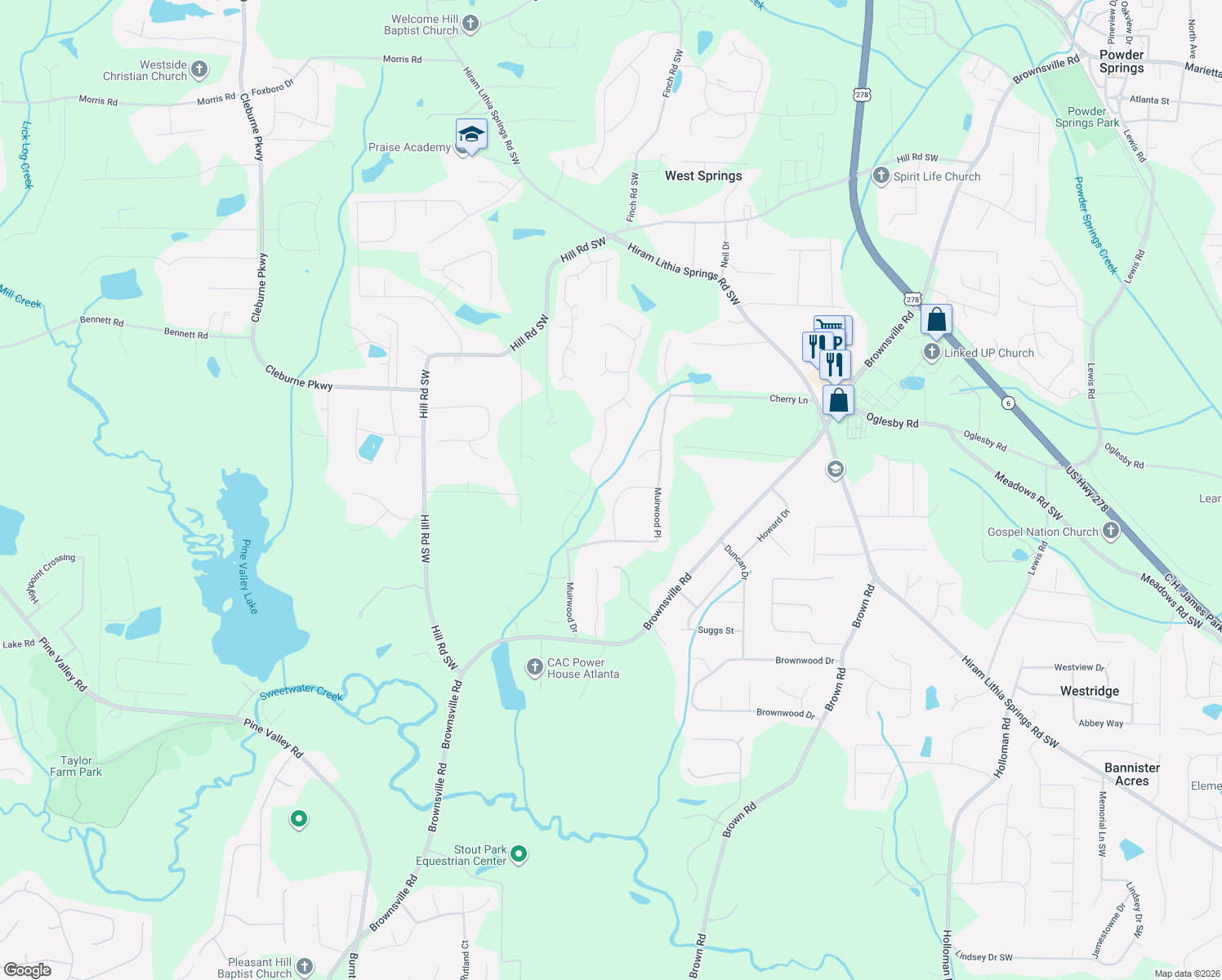 map of restaurants, bars, coffee shops, grocery stores, and more near 4587 Muirwood Cir in Powder Springs
