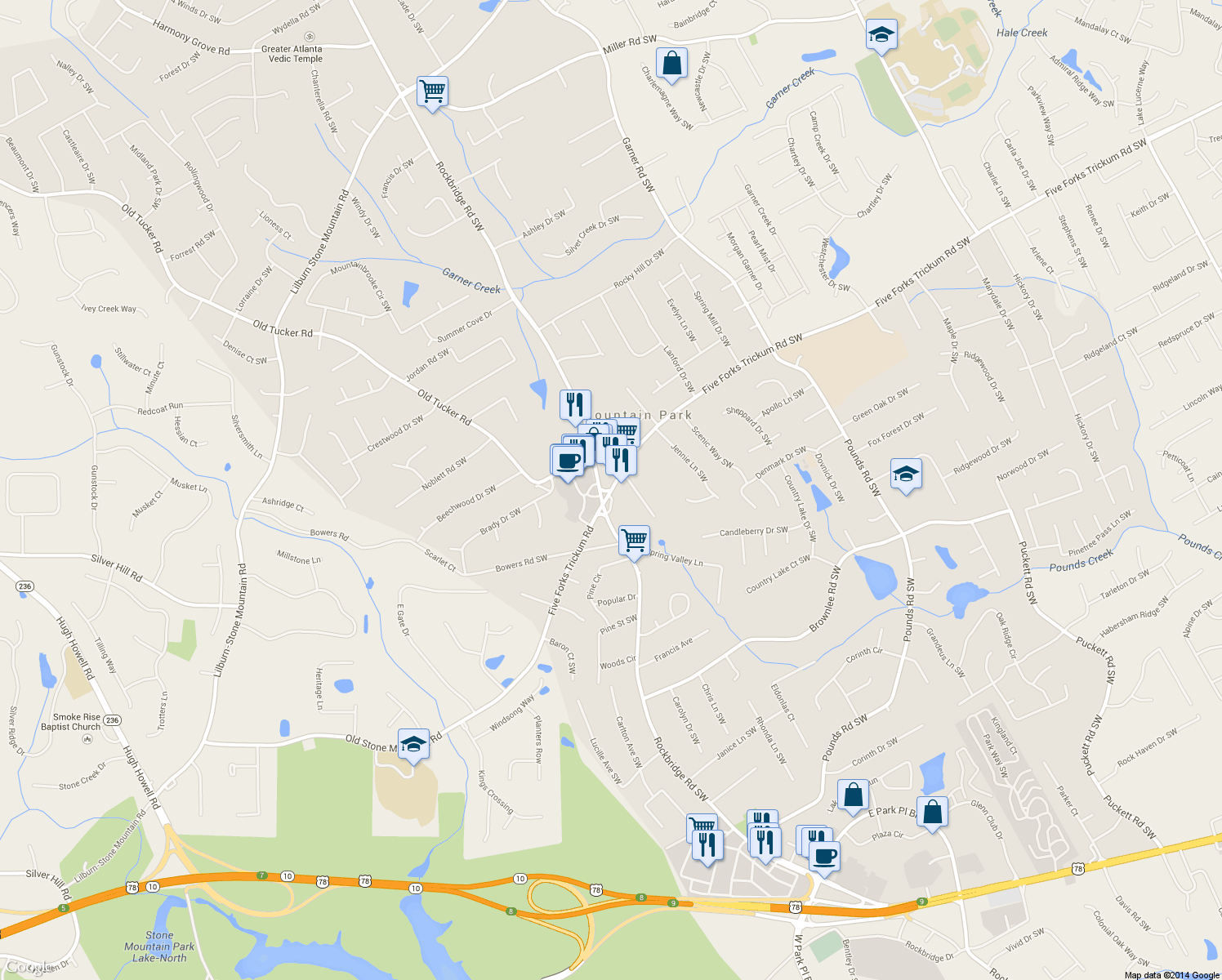map of restaurants, bars, coffee shops, grocery stores, and more near 5234 Five Forks Trickum Road Southwest in Lilburn