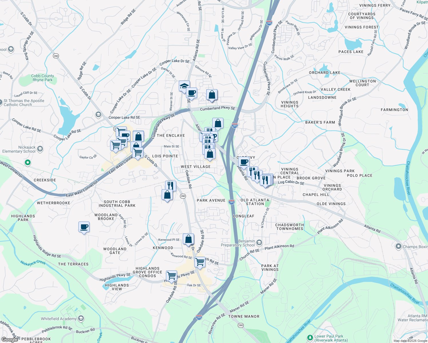 map of restaurants, bars, coffee shops, grocery stores, and more near 2305 West Village Lane in Smyrna