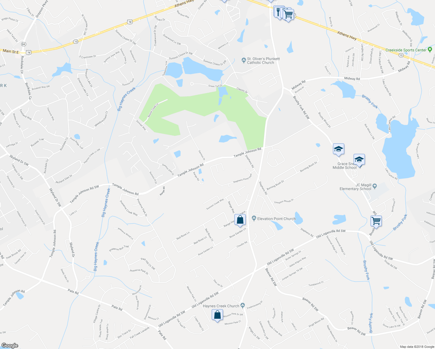 map of restaurants, bars, coffee shops, grocery stores, and more near 3537 Temple Ridge Court Southwest in Loganville