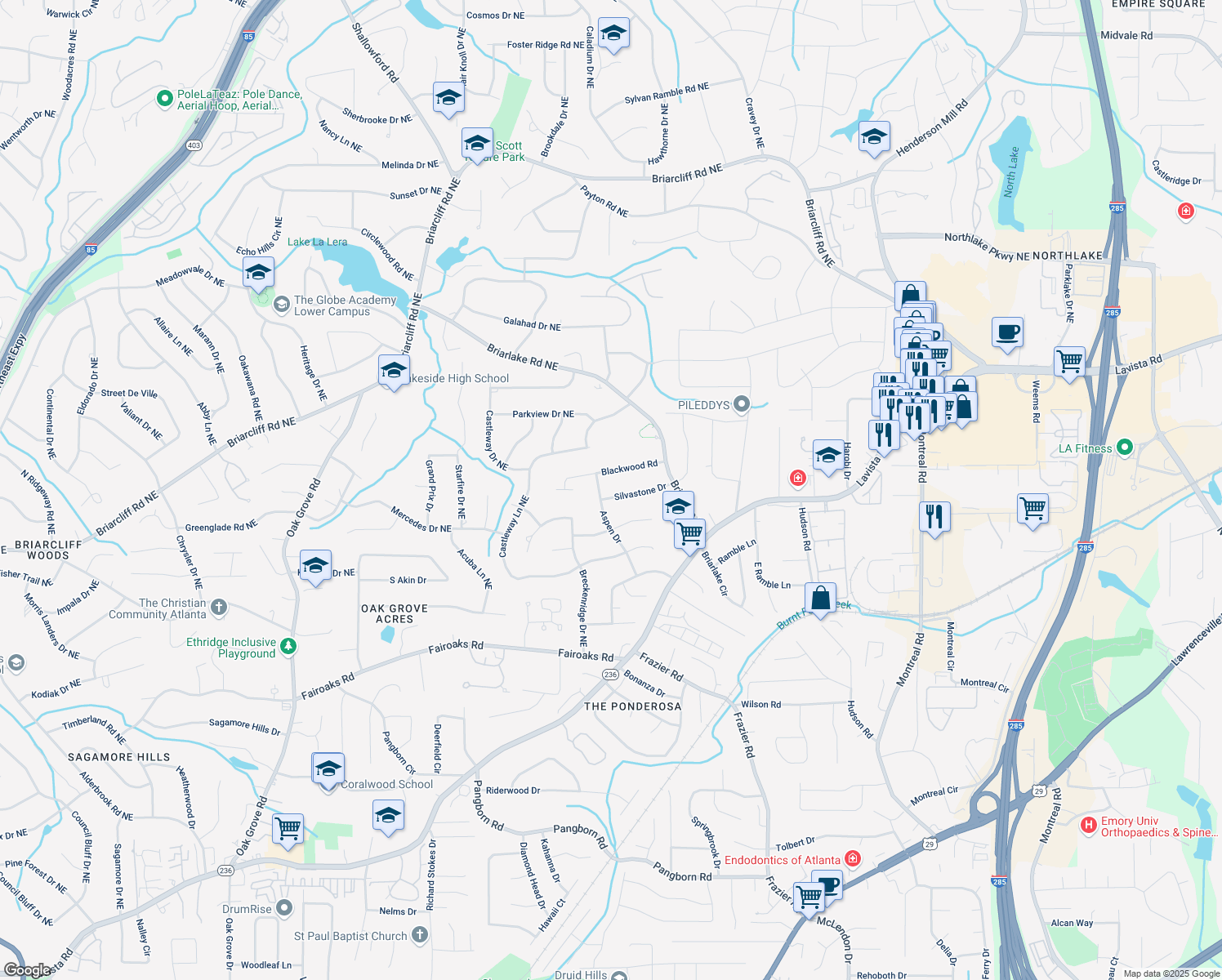 map of restaurants, bars, coffee shops, grocery stores, and more near 1890 Silvastone Drive in Decatur