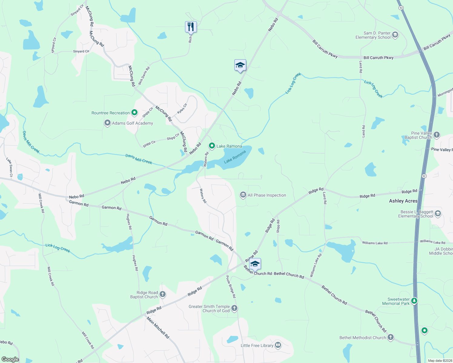 map of restaurants, bars, coffee shops, grocery stores, and more near 272 Thornbrooke Drive in Hiram