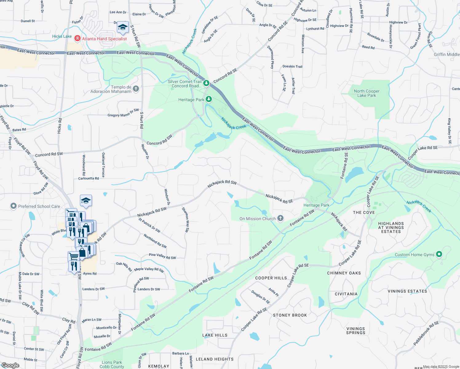 map of restaurants, bars, coffee shops, grocery stores, and more near 4754 Kelley Court in Mableton
