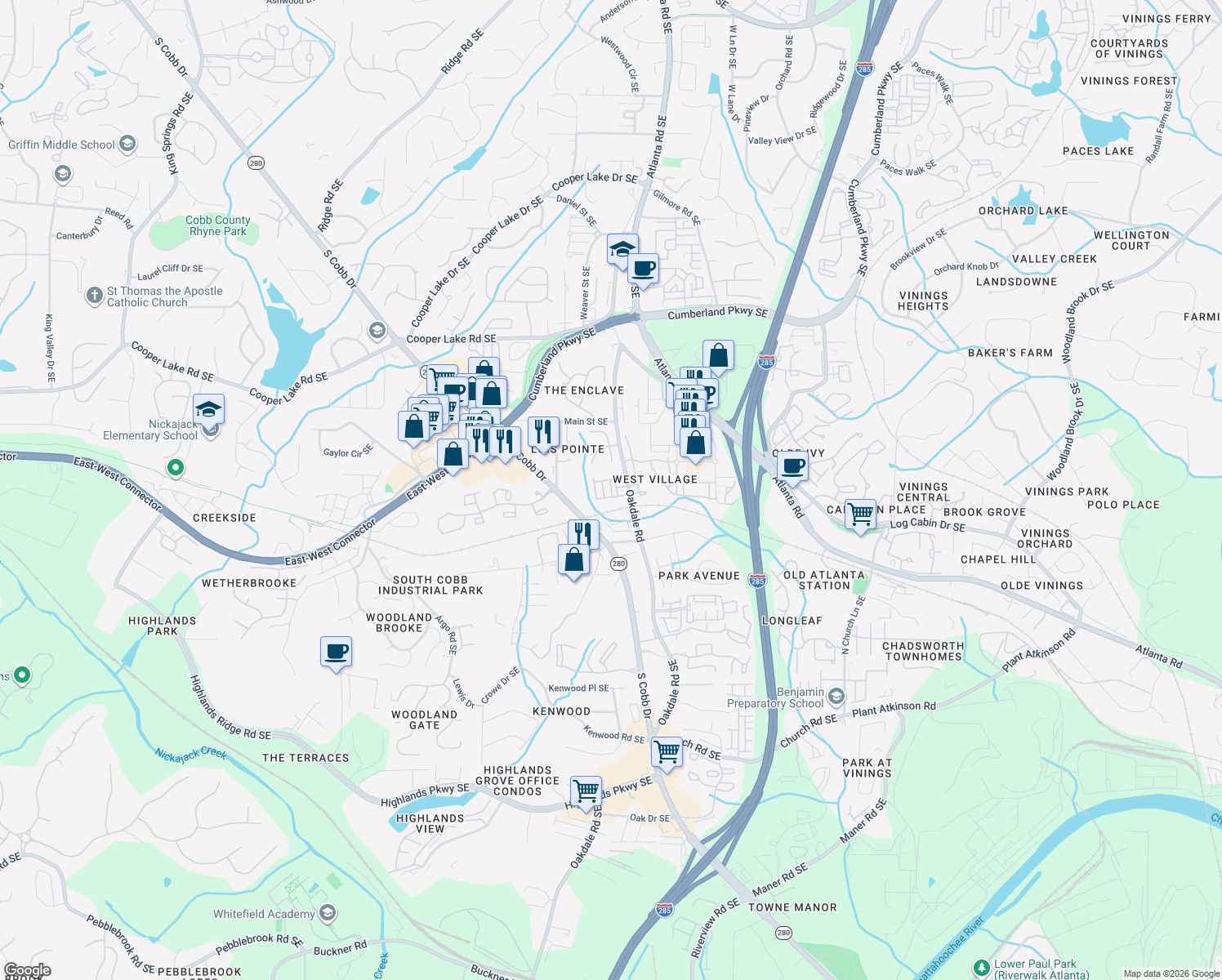 map of restaurants, bars, coffee shops, grocery stores, and more near 4668 West Village Drive in Smyrna
