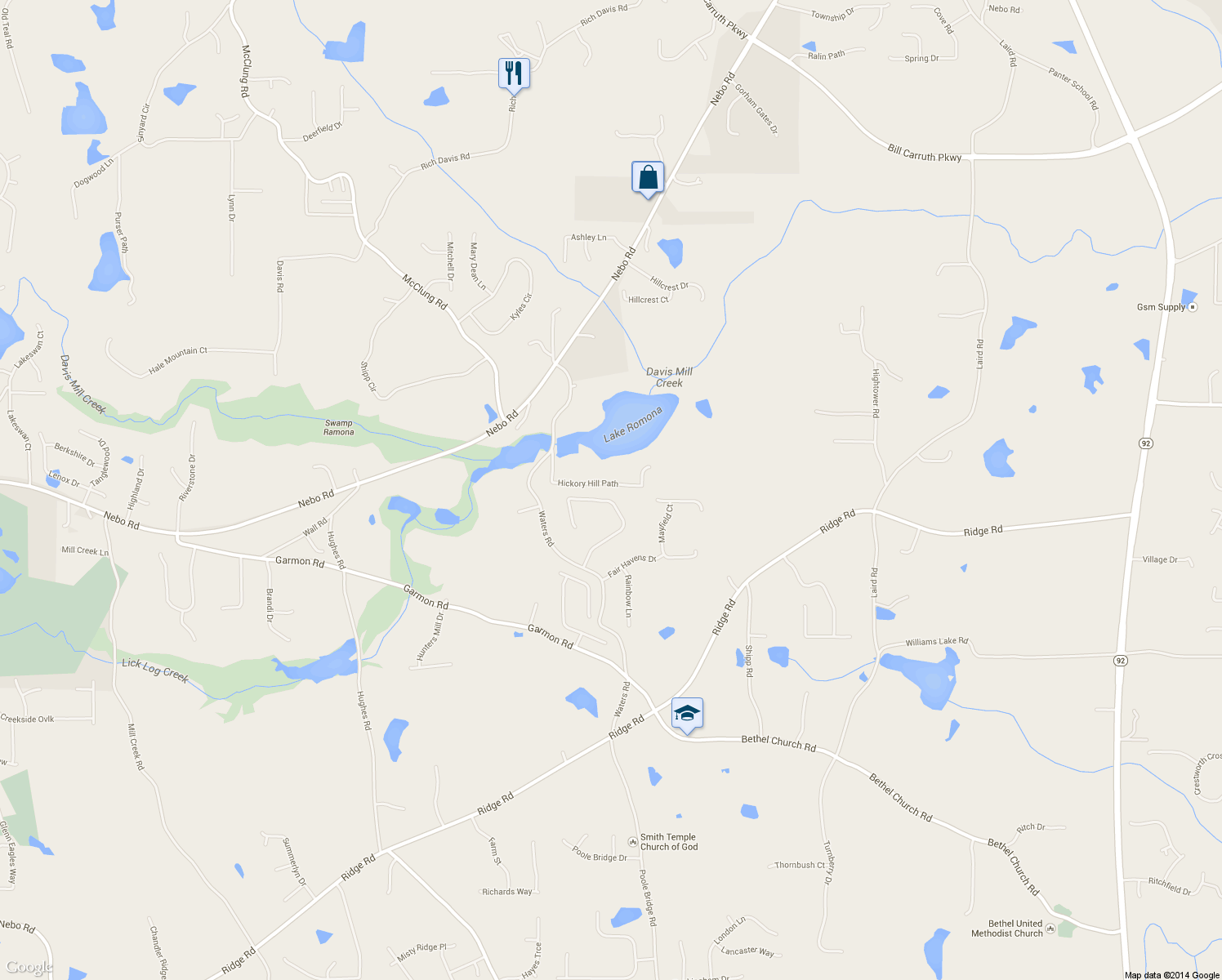 map of restaurants, bars, coffee shops, grocery stores, and more near 272 Thornbrooke Drive in Hiram