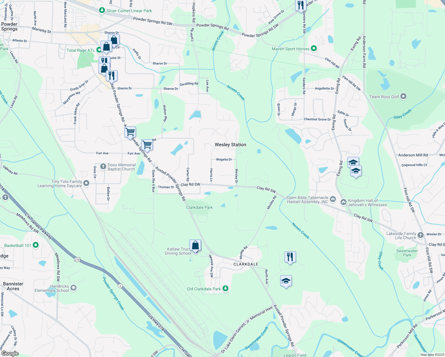 map of restaurants, bars, coffee shops, grocery stores, and more near 3383 Pendley Road in Austell