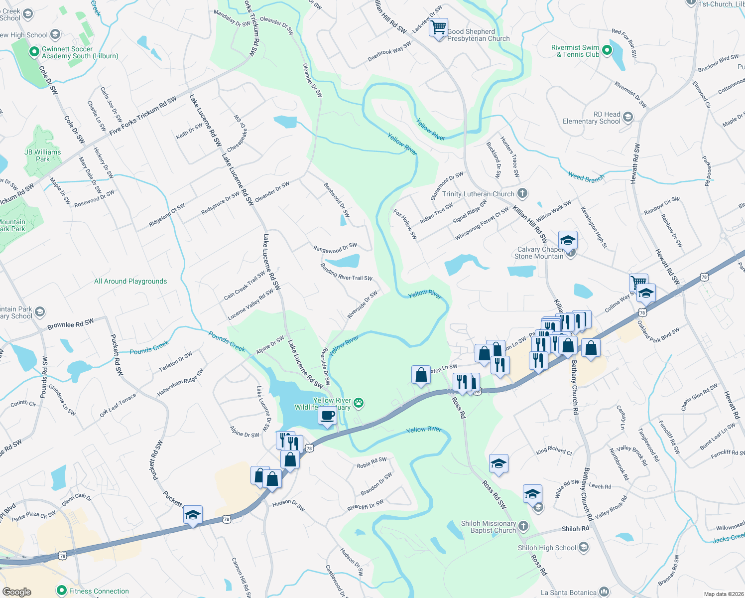 map of restaurants, bars, coffee shops, grocery stores, and more near 4334 Riverside Drive Southwest in Lilburn