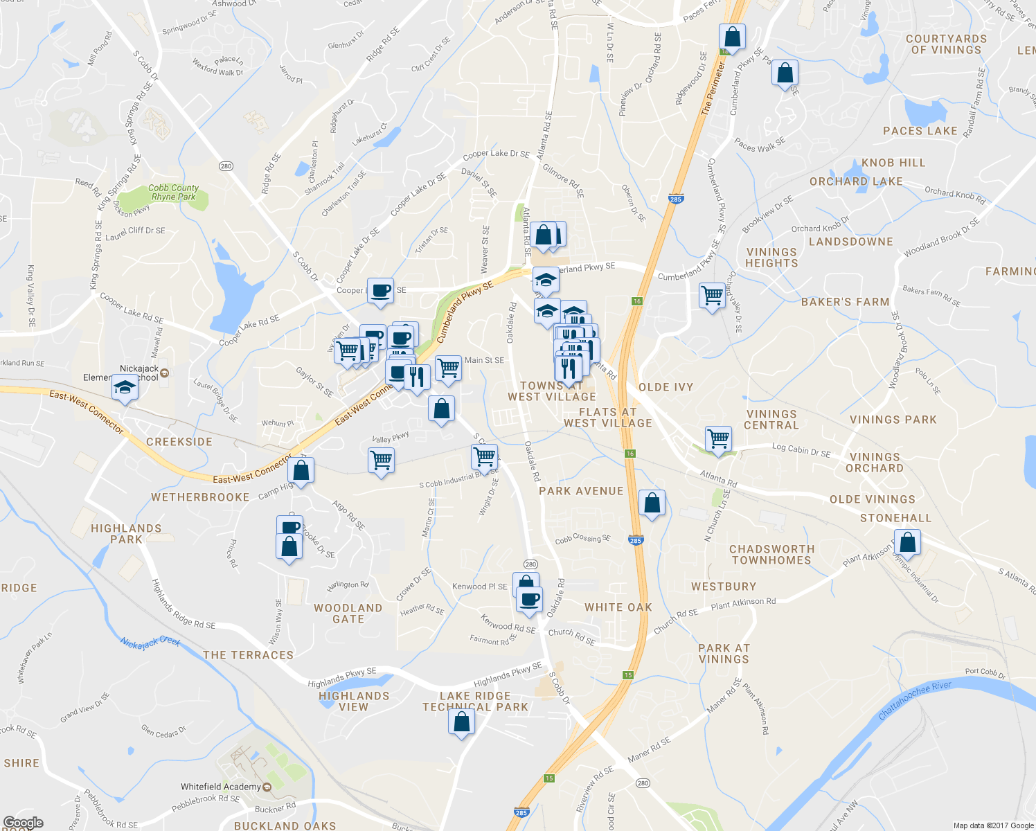 map of restaurants, bars, coffee shops, grocery stores, and more near 2060 Village Station Crossing Southeast in Smyrna