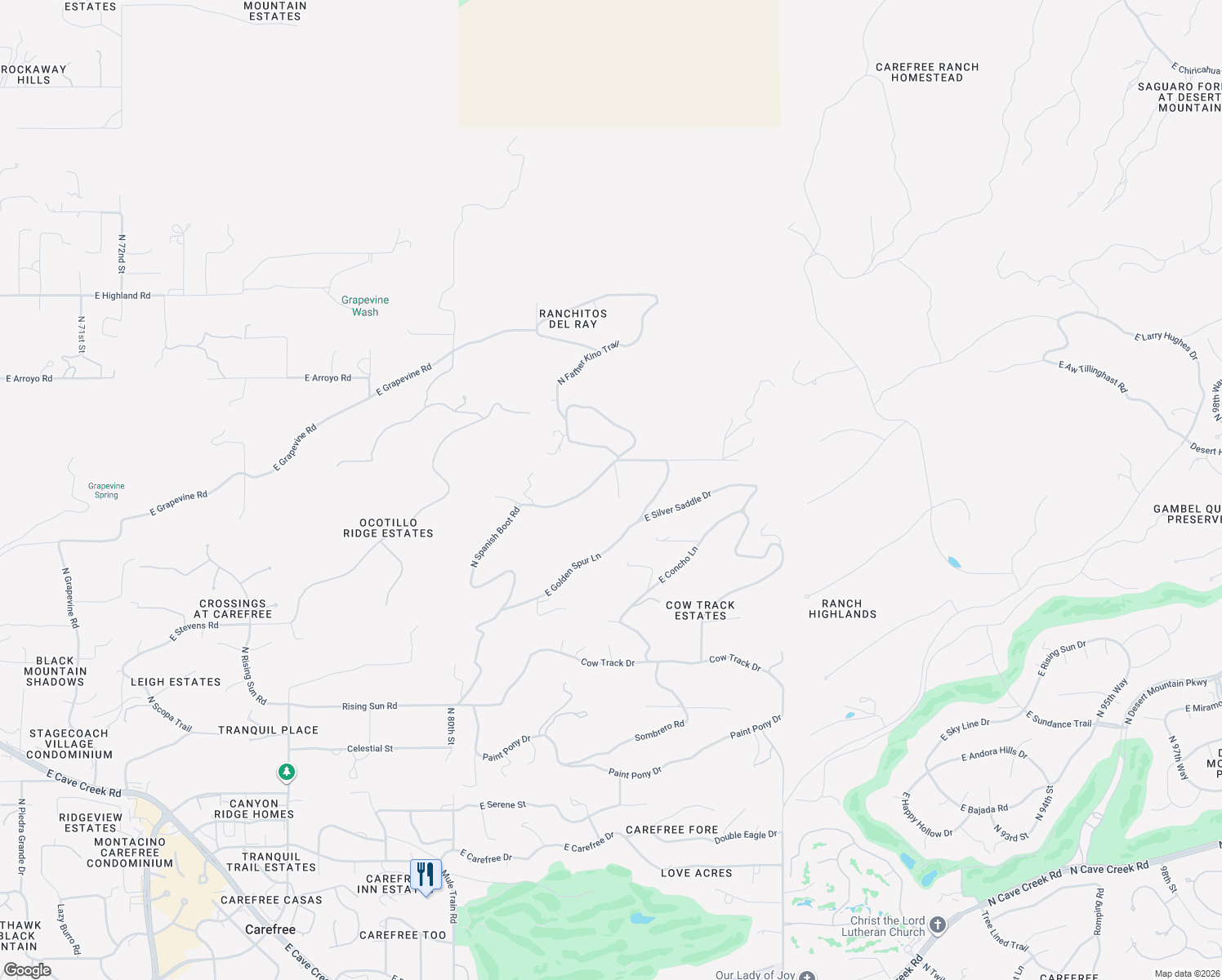 map of restaurants, bars, coffee shops, grocery stores, and more near 8343 East Spanish Boot Road in Carefree