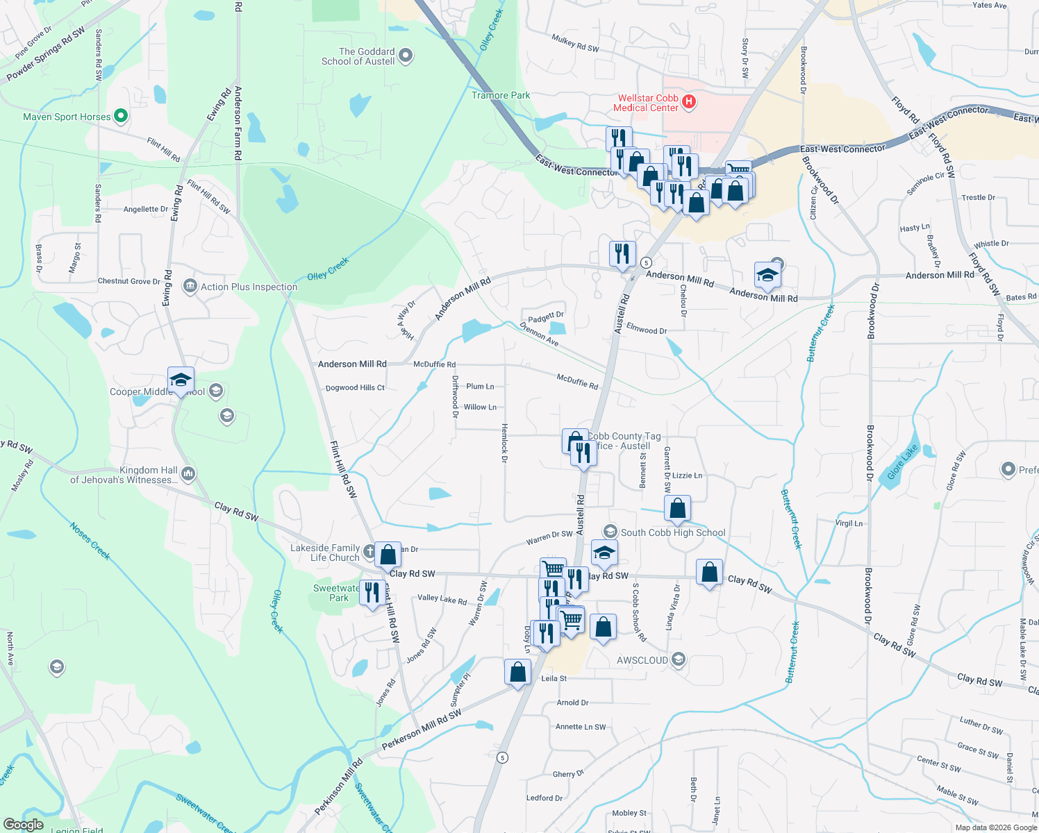 map of restaurants, bars, coffee shops, grocery stores, and more near 4587 Danna Drive in Austell