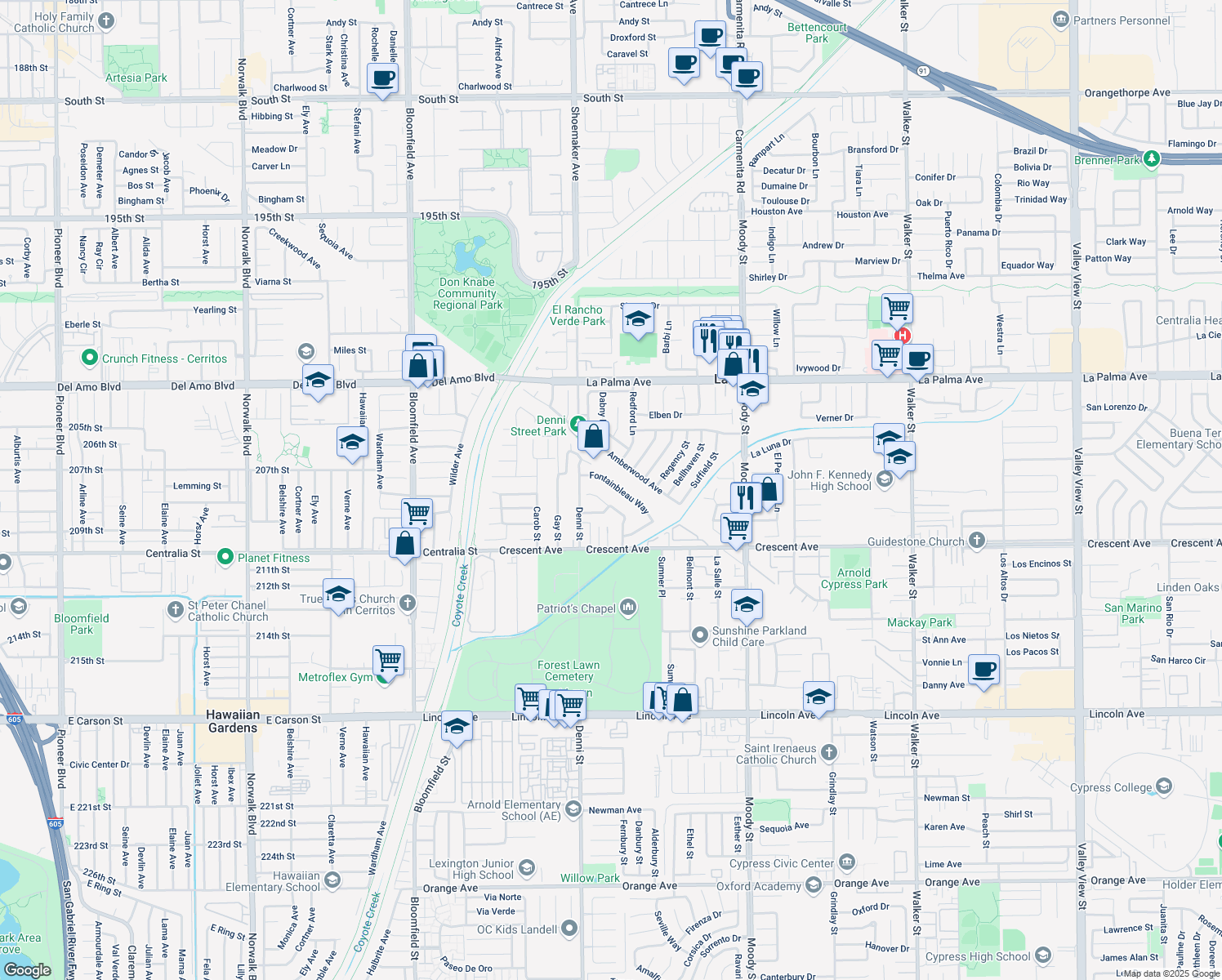 map of restaurants, bars, coffee shops, grocery stores, and more near 8301 Fontainbleau Way in Cypress