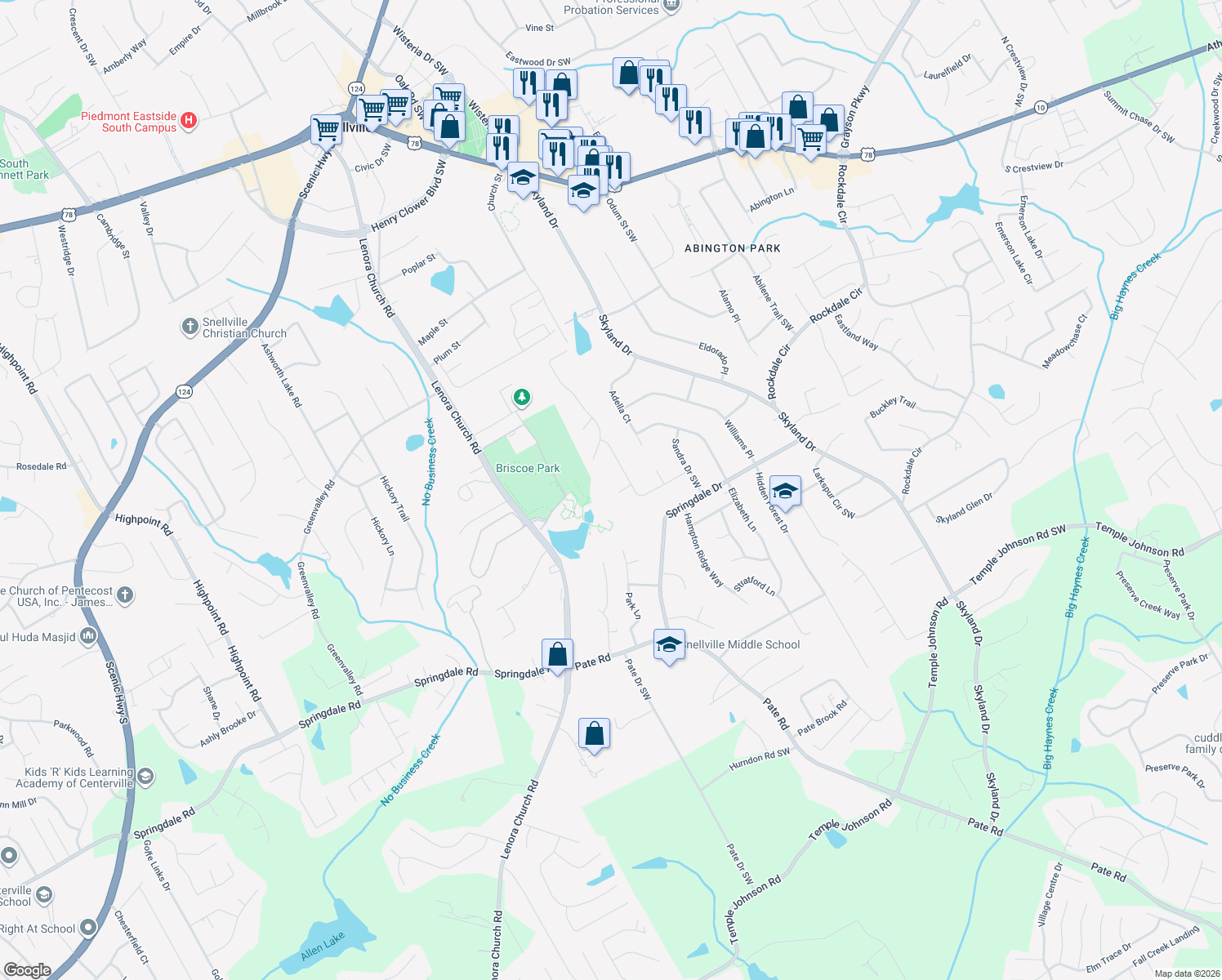 map of restaurants, bars, coffee shops, grocery stores, and more near 2441 Gene Court in Snellville