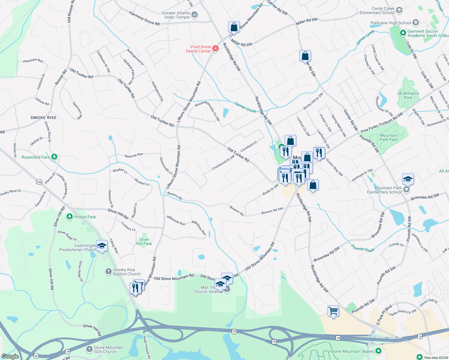 map of restaurants, bars, coffee shops, grocery stores, and more near 1081 Mountain Woods Court Southwest in Stone Mountain