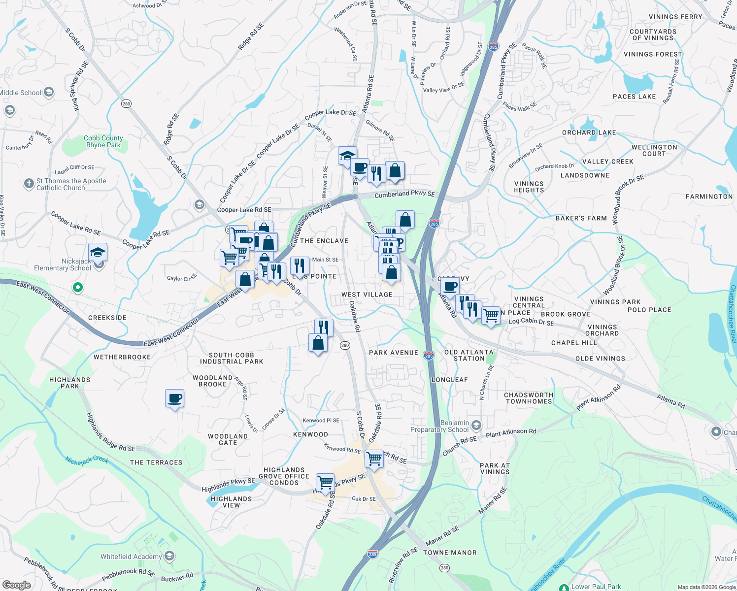 map of restaurants, bars, coffee shops, grocery stores, and more near 2154 West Village Lane in Smyrna